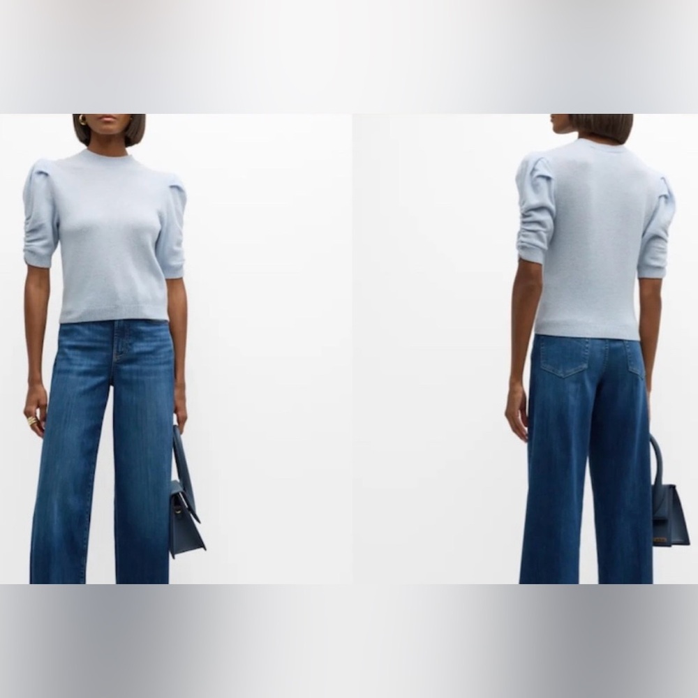 FRAME Ruched Puff Sleeve Light Blue Cashmere Sweater - Picture 2 of 7